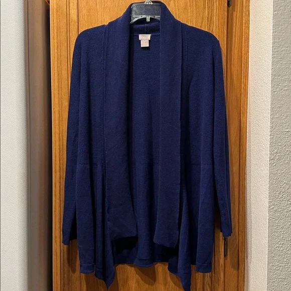 Chico's Women's Navy Blue Shawl Collar Asymmetrical Open Front Cardigan Sz 1/M - Picture 2 of 11